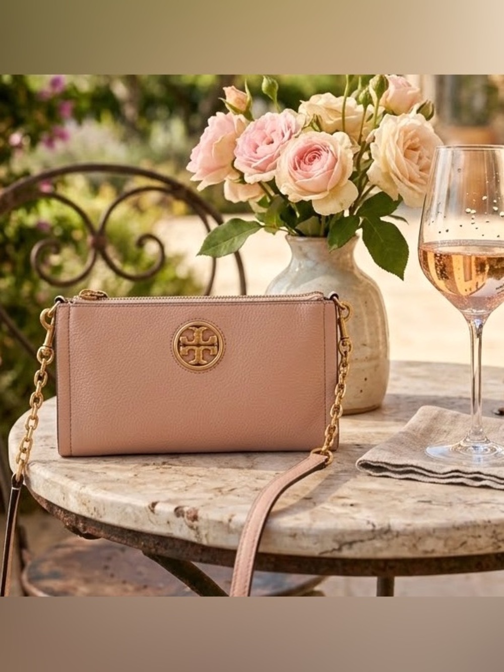 Tory Burch Carson Zip Top Crossbody Bag Pebbled Leather Devon Sand Gold Logo